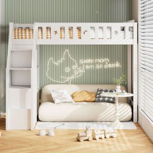 Lit mezzanine enfant 90x200 cm bois massif blanc - &Eacute;chelle rangement + &eacute;tag&egrave;res - Cadre robuste - Jeune & simple - Sans Matelas