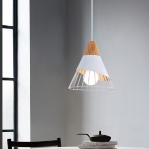 SNOGOLD Suspension Luminaire Vintage Lampe Plafond Industrielle Bois Métal E27 Lustre Forme de Cône Cage Blanc pour Cuisine Salon
