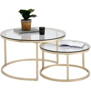 Table Basse Ronde Plateau en Verre Trempé - Armature Métallique Dorée - Table dAppoint Gigogne - D60cm*D40cm