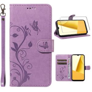 Verre trempé+Coque pour Honor X6b 6.56 Housse en Cuir PU de Portefeuille en Magnétique Flip Etui- Arbre à fleurs violet XHS