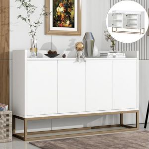 Buffet bahut Buffet bas en bois Buffet Moderne avec 3 étagère et 4 portes Pieds en métal doré 120x30x80cm Blanc