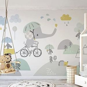 Papier Peint Chambre DEnfant Éléphant Mignon En Train De Rouler À Bicyclette Papier Peint 3D Intissé Salon Canapé Murale-150x105cm
