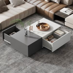 Table Basse avec 2 tiroirs à pression - Table de salon 100x50x30cm - Rectangulaire - Meuble de salon - Style moderne - Gris et