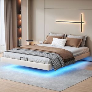 Lit Coffre Simili Cuir Beige 160×200cm Pieds Cachés avec Coffre de Rangement Éclairage LED Sommier Lit adulte Lit double