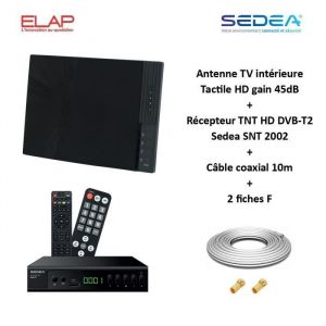 Antenne TV TNT Intérieure - ELAP - SNT 2002 - Gain 45dB - Récepteur TNT HD - Câble coax 10m