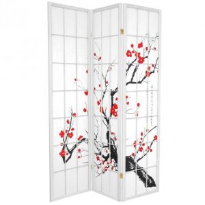 Fine Asianliving Paravent Japonais L 135 x H 180 cm 3 Panneaux Shoji Cerisier en Fleurs Blanc