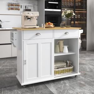 Desserte à Roulettes Cuisine rangement en bois multifonctionnelle avec plan de travail -avec tiroir-L112 x P40(70) x H94 cm-Blanc