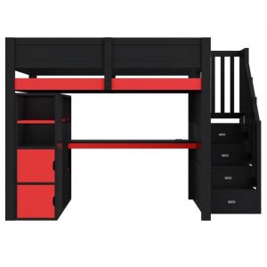 Lit mezzanine gaming 140x200 en bois avec bureau rangements LED port USB et escalier noir avec rangement noir/rougesans matelas