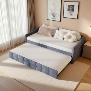 Canap&eacute; lit gigogne 90 x 200 cm - LEWW - Extensible 2 en 1 - Lit Simple avec Sommier &agrave; lattes - Gris