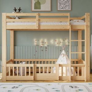 Lit Superpos&eacute; 90x200 cm avec &eacute;Chelle Lit Enfant avec Barri&egrave;Res de S&eacute;Curit&eacute; et Porte Lit Simple en Pin Finition Naturelle