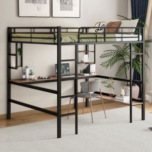 Lit mezzanine 140x200 cm Lit adulte Lit enfant avec escalier bureau et 5 étagères - noir