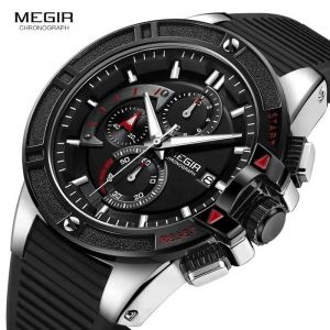 MEGIR - Montre chronographe sport pour homme - Montre-bracelet à quartz lumineuse en silicone - Noir