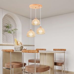 iDEGU 3lampes Suspension Luminaire Vintage Lustre Industriel en Bois Rotin Cage Abat-jour Lampe de Plafond pour Salon Chambre
