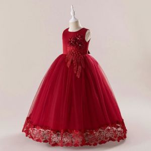 Robe De Princesse Mariage Fille Sans Manches Robe Ceremonie Longue Tulle Avec Ceinture Noeud Papillon - Rouge