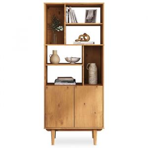 Buffet haut SIMONA 80x188 cm en bois massif coloris ch&ecirc;ne avec 2 Portes 6 &Eacute;tag&egrave;res Vaisselier en hauteur