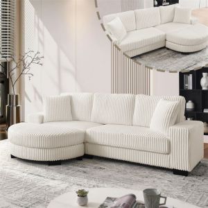 DRIPEX Canapé dangle en L 4 places 2565x1335x89 cmCanapé en velours côtelé avec pouf ovale2 coussins et pieds inclusBeige