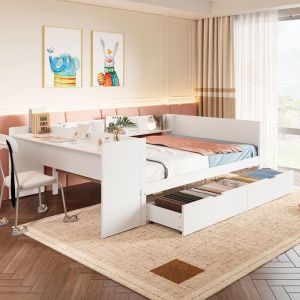 Lit enfant 140x200cm Lit combiné avec 2 tiroirs avec bureau avec étagères pin panneau de particules blanc