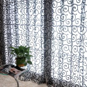 Rideau Voilages à OEillet Flocage Motif Crochet Décoration Chambre Salon 100*270cm Noir