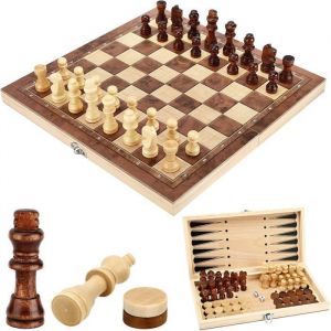 Jeu D&eacute;checs3 en 1 Echecs en Bois &Eacute;checs Dames JacquetPliable Portable D&eacute;chiquier VoyageChess Board pour Enfants Adultes