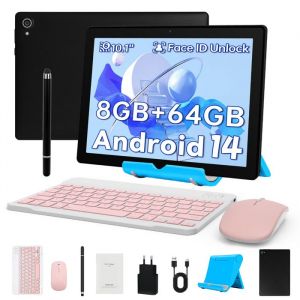 Tablette tactile 10 Pouce 8Go RAM 64Go Extensible &agrave; 128 Go avec Clavier Souris Stylet et Support HD 1280x800 Android 14 Noir