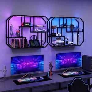 PULUOMIS &Eacute;tag&egrave;re Murale avec &Eacute;clairage LED RVB 5 Niveaux de Rangement &Eacute;tag&egrave;re Flottante pour Jeu Salon Cuisine 85 cm