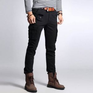 Pantalon Cargo Militaire Homme Multi-Poches Slim Fit Pantalon De Travail Exterieur En Coton Couleur Unie - Noir