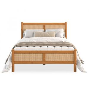 Lit Double 140x200 CEFIRA Couleur Ch&ecirc;ne T&ecirc;te & Pied de Lit en Rotin Tress&eacute; en bois massif