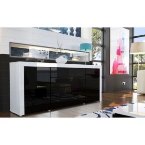 Buffet bas contemporain - laqué blanc / noir - 2 portes - 4 tiroirs - Push to open