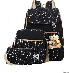 Cartable Fille Sac à Dos Etoile Ours Sac Ecole Collège Lycée Sac de Voyage Toile 3pcs NOIR