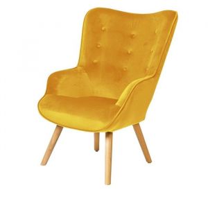 Fauteuil de salon en velours jaune moutarde avec pieds en bois collection ENJOY. Style scandinave