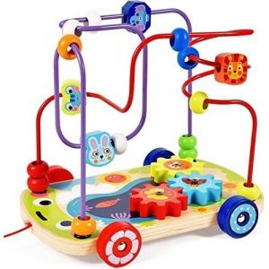 Jouet pour Enfant 1 An 3 in 1 Circuit Motricit&eacute; Jeu de Labyrinthe &agrave; Perles en Bois Dengrenage Tirer Montessori Educatif Cadeau