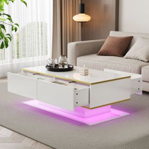 OKWISH Table Basse LED 100x50x40 cm avec 3 Tiroirs de Rangement Design Laqu&eacute; Blanc et Dor&eacute;