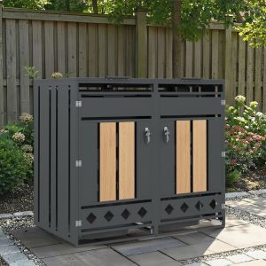 Cache Poubelles de Jardin pour 2 poubelles Ventilation par le bas Porte Verrouillable M&eacute;tal Gris + Bois