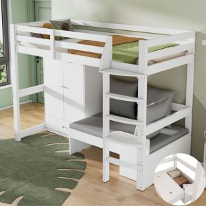 Lit mezzanine enfant 90 x 200cm Lit simple en bois avec canapé armoire de rangement et sommiers à lattes - blanc