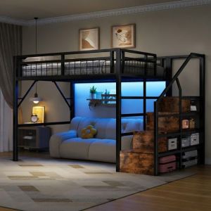Lit Mezzanine - LANGTU - 140x200 M&eacute;tal - Noir - LED connect&eacute;e (app) - Escalier avec rangements