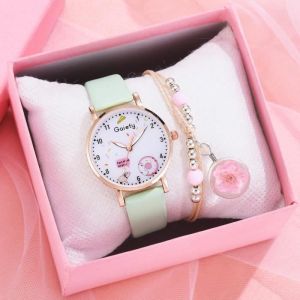 Coffret montre enfant fille + bracelet– sakura mode lovely bracelet en cuir vert cadeau pour les enfants