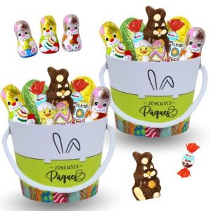 2 Petits Seaux garnis dun assortiment 20 chocolats de P&acirc;ques: Poussins Figurines &OElig;ufs et Moulages  Id&eacute;al pour offrir ou d&eacute;corer