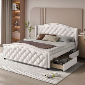 Lit double 160x200cm lit adult lit capitonné lit 2 personnes aver 2 tiroirs et tête de lit sommier à lattes bois+PU blanc