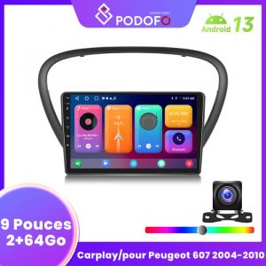Podofo 2+ 64Go 9 pouces Android13 Autoradio pour Peugeot 607 2004-2010 avce CarPlay Android Auto GPS SWC Caméra de recul