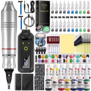 Kit complet de machine &agrave; tatouer avec encreaiguilles et plupart des accessoires pour d&eacute;butantskit de stylo de tatouage(argentA)