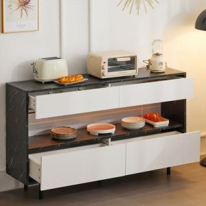 Buffet POCKETPOP - Panneaux de particules - Noir et blanc - espace de rangement ouvert 4 tiroirs - LED - L 150 x H 89 x l 35 cm