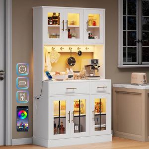Buffet Cuisine 100 cm Buffet Salle &agrave; Manger avec LED 2 Prises et USB C/A Meuble Cuisine Haut avec Plan de Travail Blanc