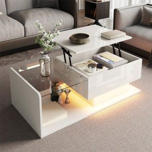 Table basse relevable blanc laqu&eacute; plateau en verre tremp&eacute; effet LED via appli rangement int&eacute;gr&eacute; style moderne