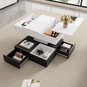 Table basse 70x70x40 cm plateau pivotant 360° 3 tiroirs blanc et noir relevable