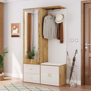 Vestiaire Meuble dentrée Blanc+Bois avec miroir armoire à chaussures banc à chaussures avec crochets et cintres coulissants