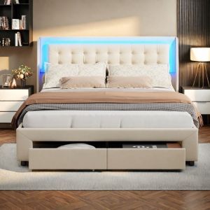 Lit 140 x 190 avec Sommier &ndash; Lit Coffre &ndash; Lit Adulte/Lit Ado &ndash; LED &ndash; Lit Rangement &ndash; 2 Tiroirs &ndash; Lit 2 Personnes &ndash; Velours &ndash; Beige