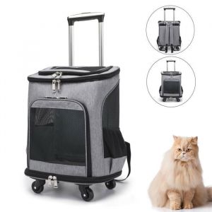 2 en 1 Sac &agrave; dos pliable Sac de transport &agrave; roulettes pour chien chat animaux - Gris - Trolley chariot