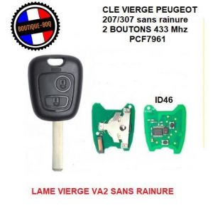 Cl&eacute; Vierge Lame VA2 + &Eacute;lectronique Transpondeur ID46 PCF7961 433 Mhz Pour Peugeot 207 307 SANS RAINURE - Cle 2 Boutons