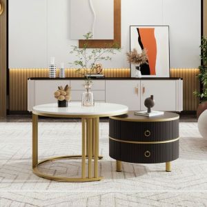 Lot de 2 Table basse salon ronde 70 x 70 x 46cm + 50 x 50 x 40 cm Table dappoint brillant avec 2 tiroirs - Noir