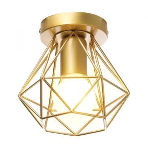 MOGOD Plafonnier Industriel Cage Forme Diamants &Oslash;16cm Mini Lustre Suspension Vintage R&eacute;tro en M&eacute;tal Fer Luminaire Dor&eacute;